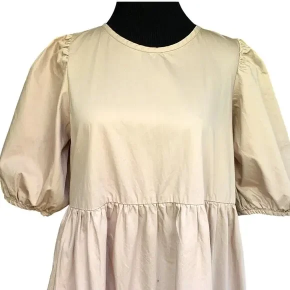 ZARA Cotton Puffed Sleeve Cotton Tiered Ruffle Blush Maxi Dress Size Medium - Picture 3 of 7